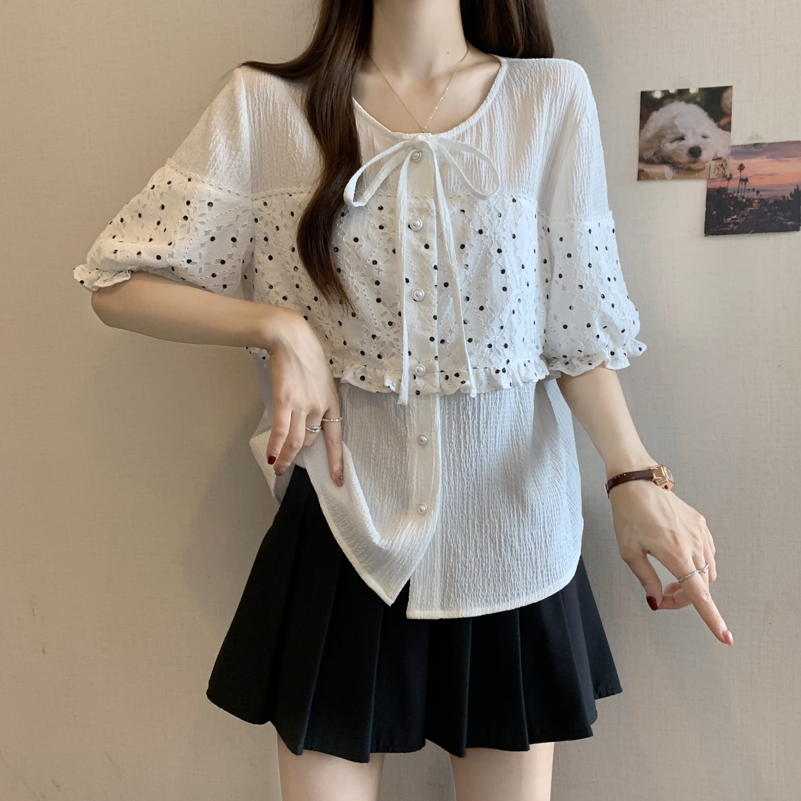 FA31579# 新款胖MM时尚设计感波点拼接修身显瘦舒适百搭上衣 服裝批發女裝批發服飾貨源