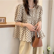 批发夏装新款泡泡袖<b class='q'>波点</b>A字棉麻<b class='q'>衬衫</b>欧洲站女装洋气小衫潮M-4XL200斤