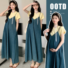 批发实拍 2025夏季新品纯棉上衣+韩版牛仔<b class='q'>背带</b>裙孕妇套装