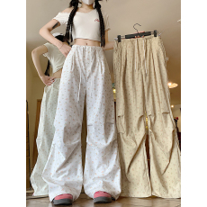 批发实拍 碎花工装裤女夏季高腰宽松休闲阔腿裤美式白色<b class='q'>运动</b>裤