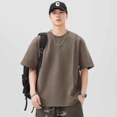 批发实拍2025夏季新款短袖T恤男拼接结构设计五分袖体恤衫日系复古短t