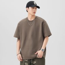 批发实拍2025夏季新款立领剪裁短袖T恤男拼接宽松纯色体恤衫五分袖