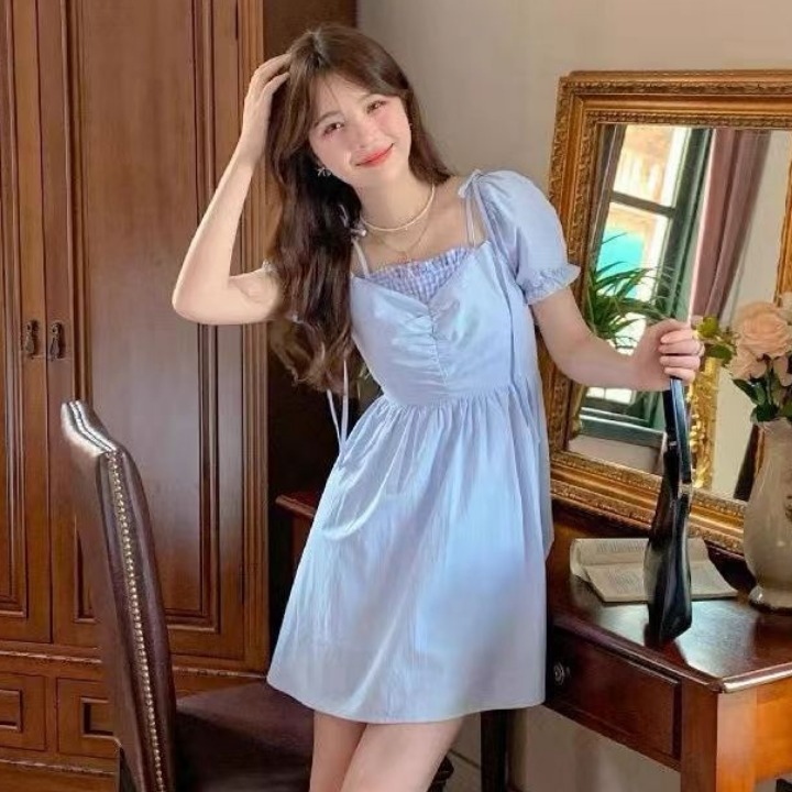 2026 새로운 페이크 레이어드 스트랩 나비 매듭 여성 드레스 봄 달콤한 미국 칼라 허리 수축 슬림해 보이는 숙녀 치마