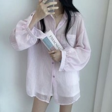 批发韩版夏季条纹薄款<b class='q'>防晒</b>衣衬衫小众原宿风宽松薄款外套女上衣衬衣潮
