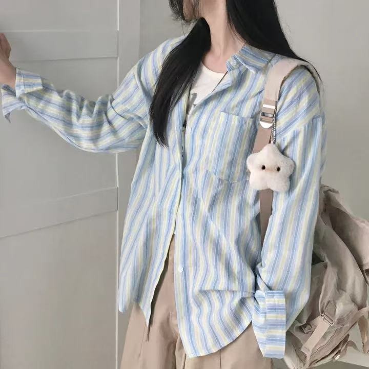 한국 스타일 여름 패션 배색 스트라이프 셔츠 디자인 센스 캐주얼 작은 대중 루즈핏 긴팔 재킷 여성 셔츠 셔츠
