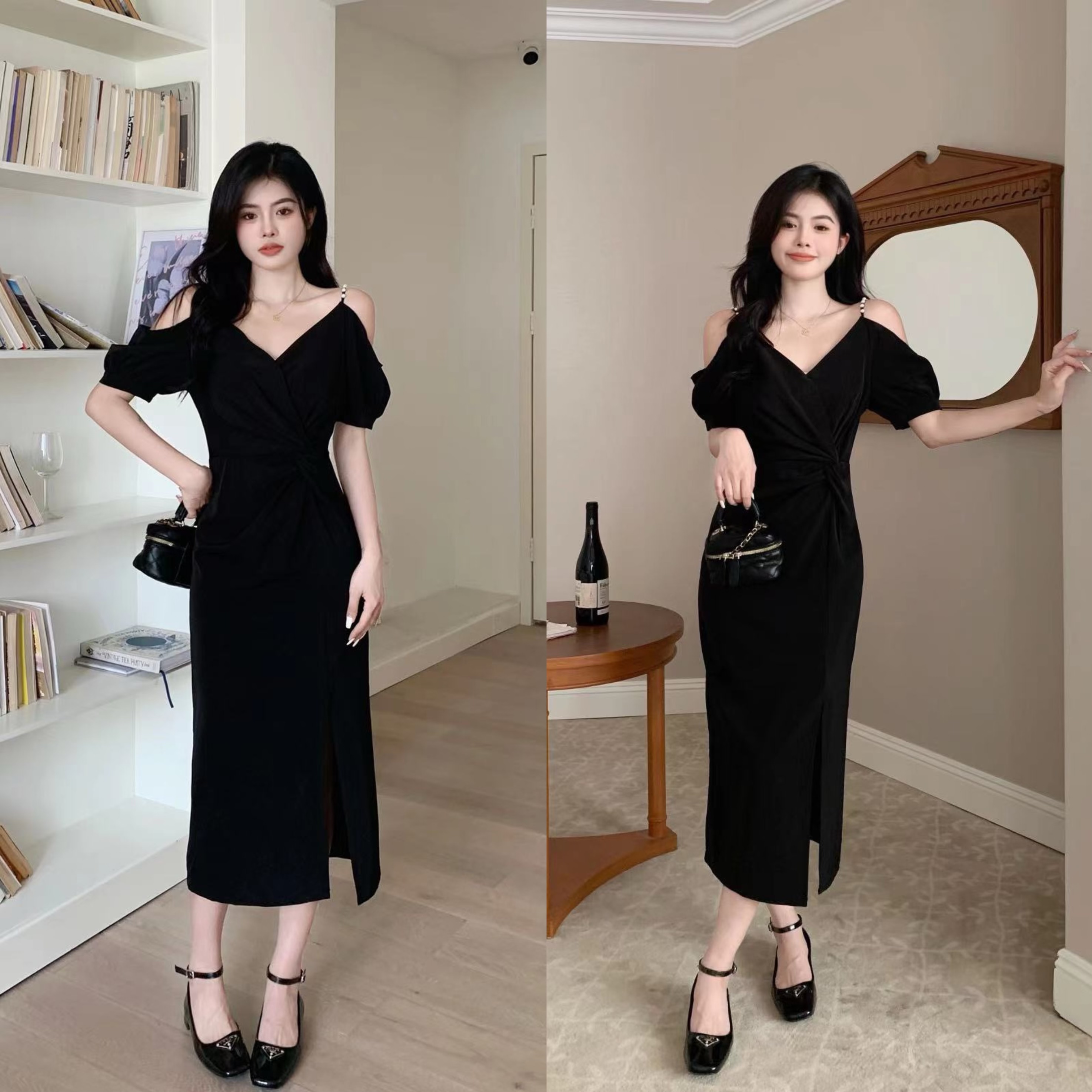 실사 빛 요리 한 바람 오프숄더 슬립 드레스 2026 여름 반팔 V넥 허리 수축 슬림해 보이는 트임 품격 롱 스커트