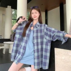 批发韩版春季复古宽松设计感休闲时尚大码格子衬衫长袖百搭衬衣<b class='q'>外套</b>女