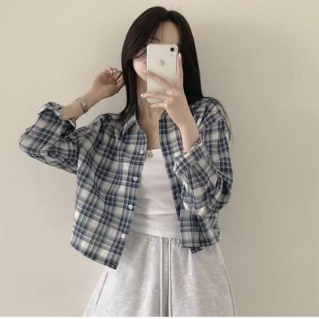 한국 스타일 봄 여름 쇼트 스타일 격자 무늬 셔츠 하라주쿠 스타일 캐주얼 작은 대중 루즈핏 다용도 긴팔 작은 숄 셔츠 여성