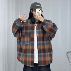 批发韩版春秋磨毛格子oversize衬衫原宿风廓形大口袋设计感<b class='q'>外套</b>女衬衣
