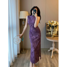 批发新中式国风<b class='q'>复古</b>改良旗袍连衣裙女2026夏新款紫色气质收腰显瘦长裙