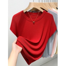 批发短袖<b class='q'>T</b>恤女新款冰丝针织衫夏季薄款落肩袖宽松显瘦圆领打底衫上衣