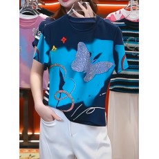 批发<b class='q'>大码</b>欧货设计感撞色印花短袖t恤女2026夏季新款宽松显瘦时尚上衣