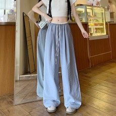 批发实拍撞色假两件冰丝大码阔腿裤女夏季薄款肌理感直筒胖mm休闲裤