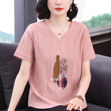 批发2026新款棉麻v领短袖宽松刺绣<b class='q'>上衣</b><b class='q'>妈妈装</b>休闲气质焦糖色显白春季