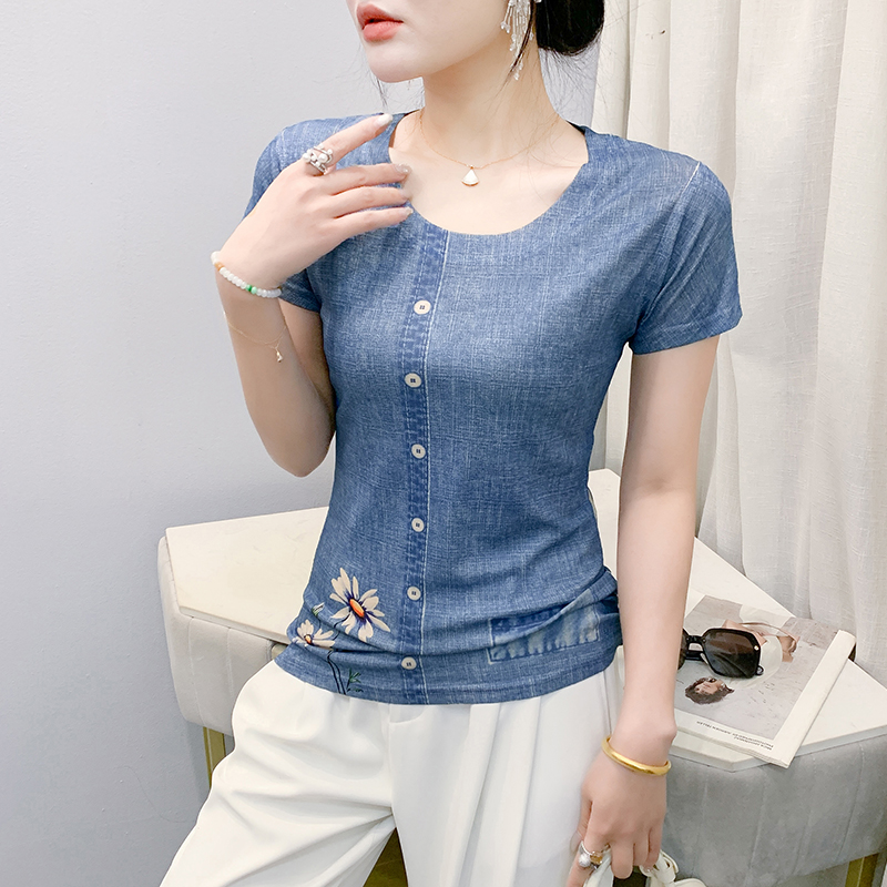 MY17506# 新款时尚定位印花短袖T恤打底衫修身上衣女女裝貨源服裝批發