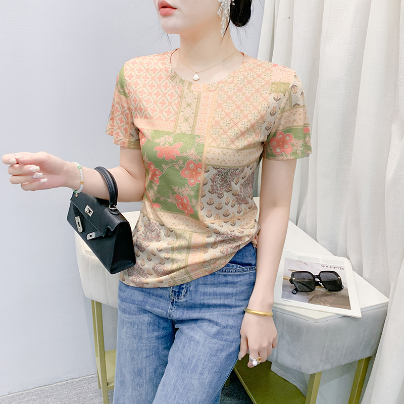 MY17505# 新款时尚定位印花短袖T恤打底衫修身上衣女女裝貨源服裝批發