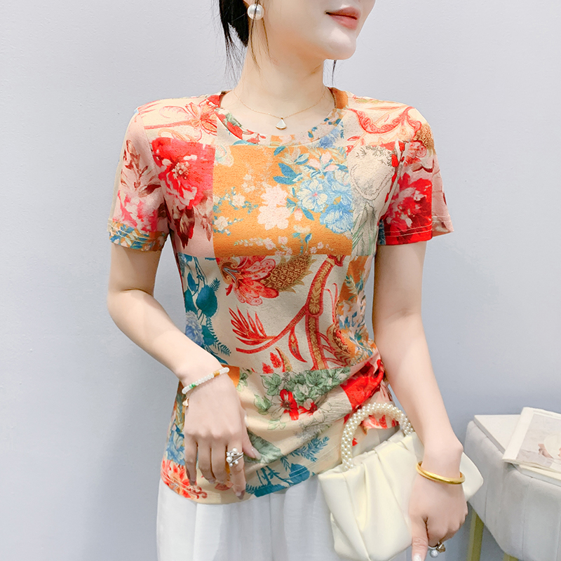 MY17504# 新款时尚定位印花短袖T恤打底衫修身上衣女女裝貨源服裝批發