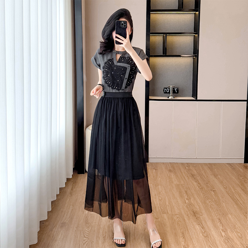 MY6496# 高级感轻奢短袖网纱两件套连衣裙夏季新款时尚气质显瘦裙子女裝貨源服裝批發