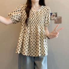 批发实拍<b class='q'>夏</b>装泡泡袖波点A字棉麻衬衫女装洋气小衫潮M 4XL200斤