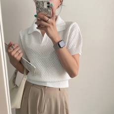 批发大码胖MM韩版毛衣翻领针织衫夏季休闲V领镂空纯色泡泡袖套头短袖
