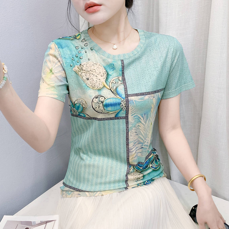 MY17502# 新款时尚定位印花短袖T恤打底衫修身上衣女女裝貨源服裝批發