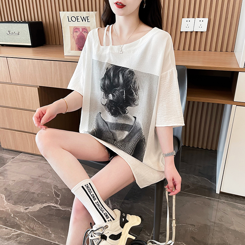 MY11007# 棉质后包领中长款韩版夏季撞色印花短袖T恤女潮女裝貨源服裝批發