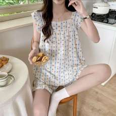 批发夏季新款睡衣女梭织仿麻皱布小飞袖背心短裤甜美少女家居服套装