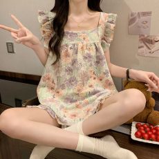 批发夏季新款睡衣女梭织仿麻皱布小飞袖背心短裤甜美少女家居服套装