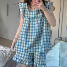 批发夏季新款睡衣女梭织仿麻皱布小飞袖背心短裤甜美少女家居服套装