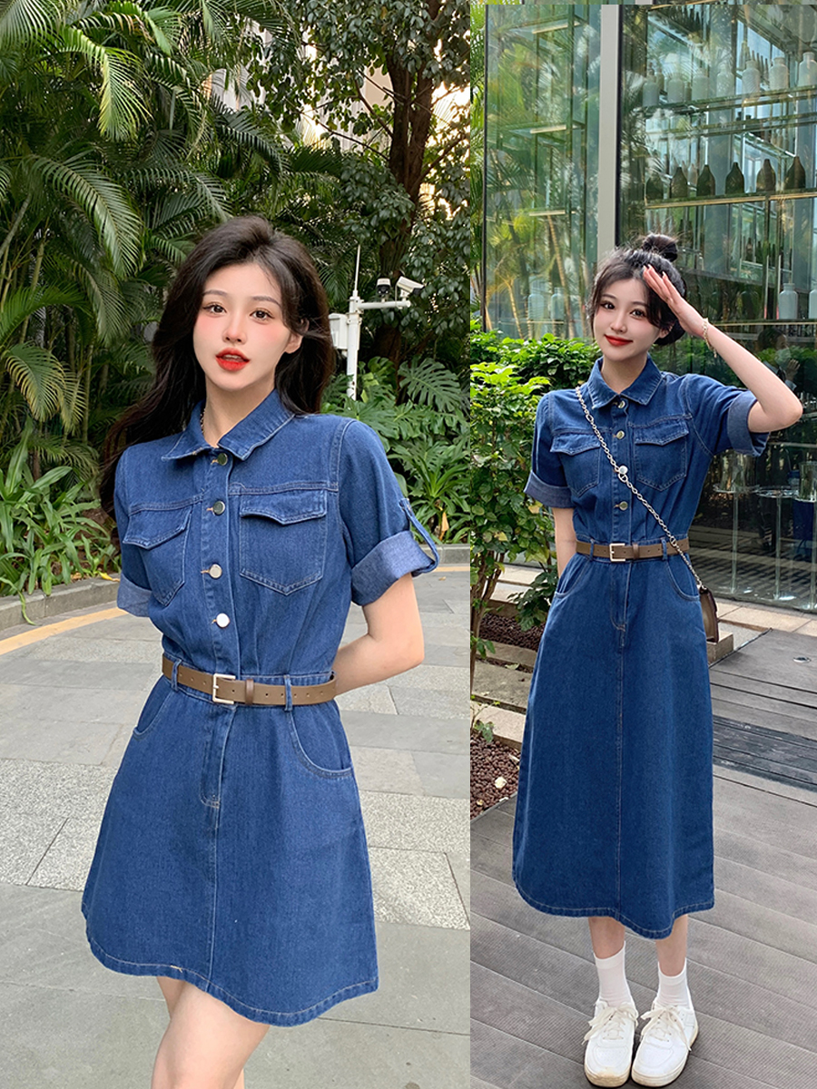 MY5007# 大码女装夏季新款胖MM牛仔短袖连衣裙胖MM收腰显瘦裙子女女裝貨源服裝批發
