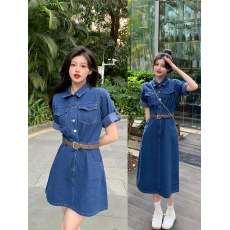 批发实拍大码女装夏季新款胖MM牛仔短袖连衣裙胖MM收腰显瘦裙子女