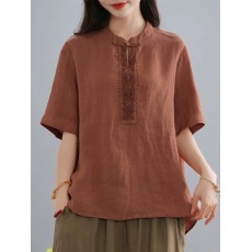 批发麻棉上衣女夏季中国民族风刺绣高端时尚宽松文艺复古气质<b class='q'>女装</b>T恤