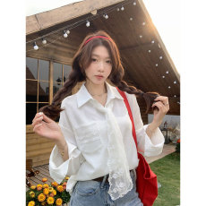 批发晨领实价原版定制口袋丝巾<b class='q'>蕾丝</b>长袖白色衬衫女大码设计感<b class='q'>开衫</b>上衣