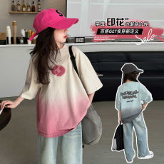 女童短袖T恤夏季2026新款洋气大童时尚渐变扎染儿童纯棉夏装上衣