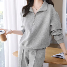 批发已出货休闲肌理运动服秋<b class='q'>冬</b>新款简约翻领卫衣松紧腰长裤女套装