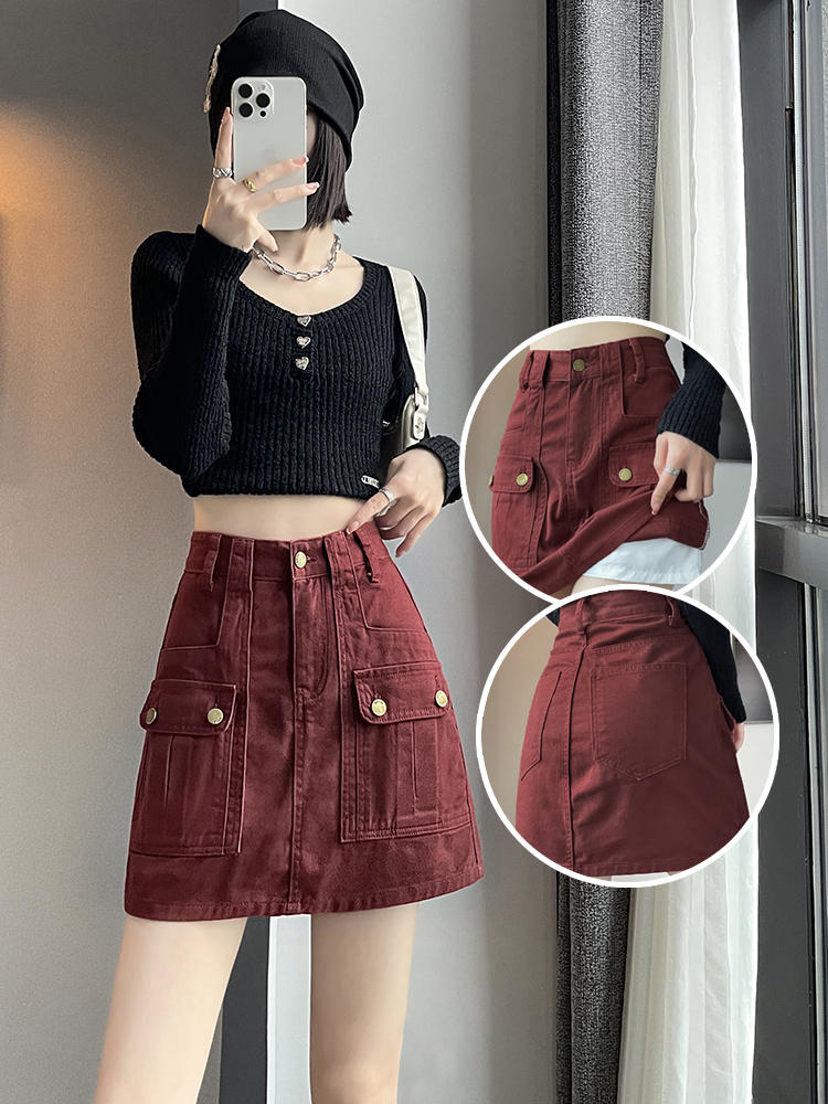 FA14527# 安可拉红牛仔半身裙女春夏季新款高腰显瘦A字包臀短裙 服装批发女装服饰货源