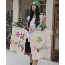 批发欧美时尚花朵钩针圆领<b class='q'>短袖</b>T恤女 2026夏季薄款透气针织三分袖上衣