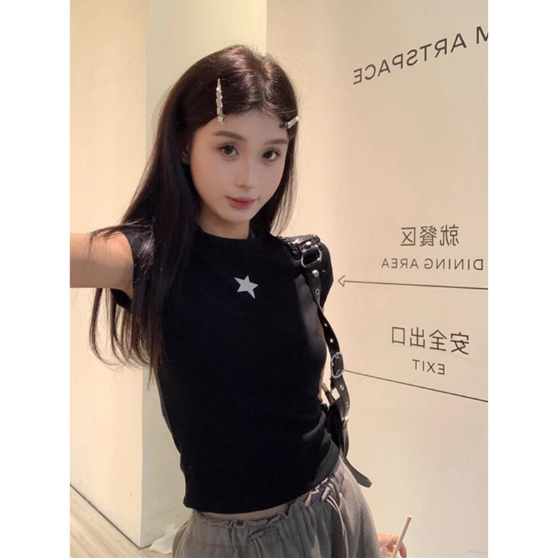 纯棉美式星星印花短袖T恤女夏季设计感修身显瘦短款正肩上衣ins潮