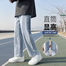 批发高弹力牛仔裤男超弹修身拉链工装高街直筒美式潮牌黑色裤子