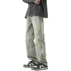 批发高弹力牛仔裤男超弹修身拉链工装高街冬直筒美式潮牌泥黄色裤子