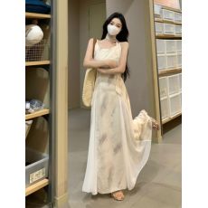 批发优质质量 中国风复古水墨吊带连衣裙女夏季新款收腰大裙摆长裙子