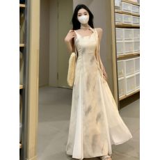 批发优质质量 中国风复古水墨<b class='q'>吊带</b>连衣裙女夏季新款收腰大裙摆<b class='q'>长裙</b>子