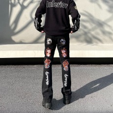 批发美式高街嘻哈火焰骷髅刺绣牛仔裤男女国潮宽松直筒显瘦微喇叭裤子