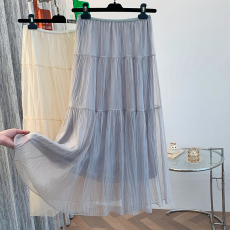 批发实拍 法式褶皱肌理纹流光纱<b class='q'>半身裙</b> 可盐可甜纯色显瘦气质百搭<b class='q'>长裙</b>