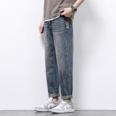批发男士牛仔裤春秋季潮牌美式复古宽松直筒九分休闲工装长裤子
