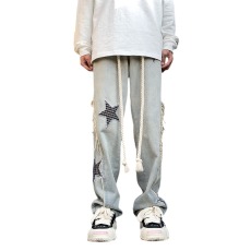 批发星星拼接毛边牛仔裤男潮牌美式vibe高街嘻哈设计感宽松阔腿拖地裤