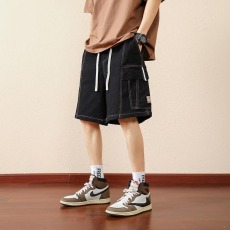 批发高端美式复古蓝色牛仔裤男秋季新款宽松直筒冰感阔腿休闲短裤子男