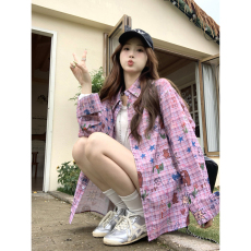 批发实价春季手绘涂鸦满印格纹长袖<b class='q'>衬衫</b>女百搭宽松<b class='q'>休闲</b>薄款上衣外套潮