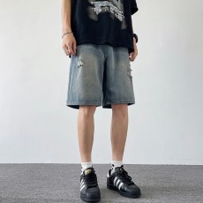 批发破洞牛仔短裤男夏季2025新款美式复古水洗裤子宽松潮牌直筒五分裤