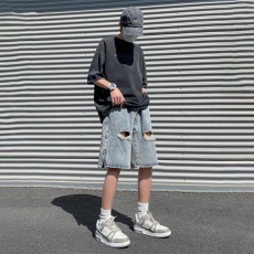 批发高端美式复古蓝色牛仔裤男秋季新款宽松直筒冰感阔腿休闲短裤子男